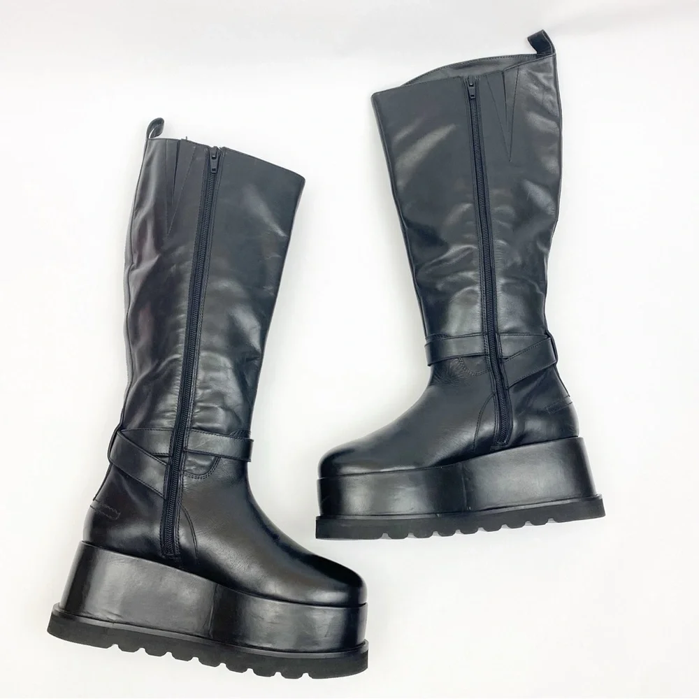 Free People Collection Not For Riding Platform Boots Tall Leather Buckle Black